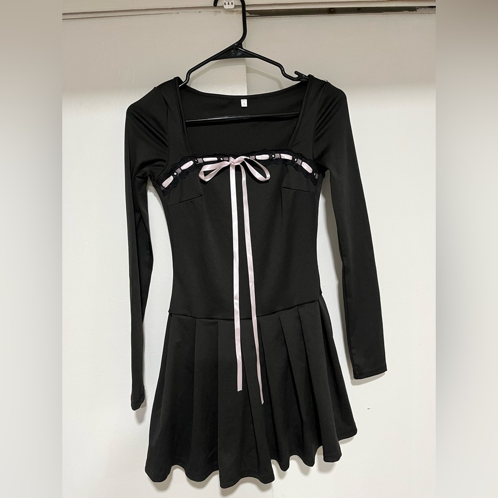 Black Long Sleeve Dress with Pink Ribbon